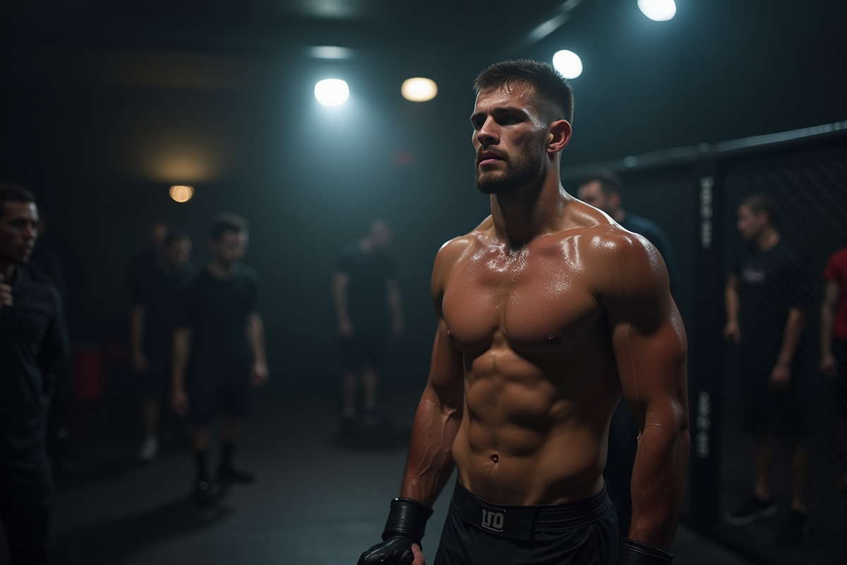 Lutteur MMA en échauffement backstage avant un combat