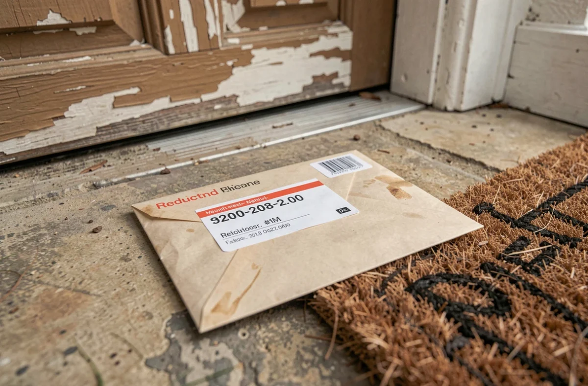 Enveloppe avec étiquette de réexpédition La Poste sur un palier de porte, illustrant la sécurité du changement d'adresse définitif