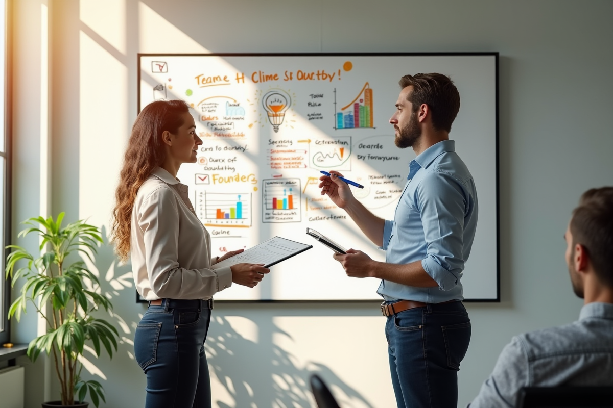 Deux professionnels dans un bureau lumineux en pleine discussion