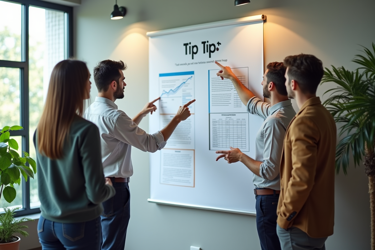 Groupe de professionnels discutant avec un tableau d astuces