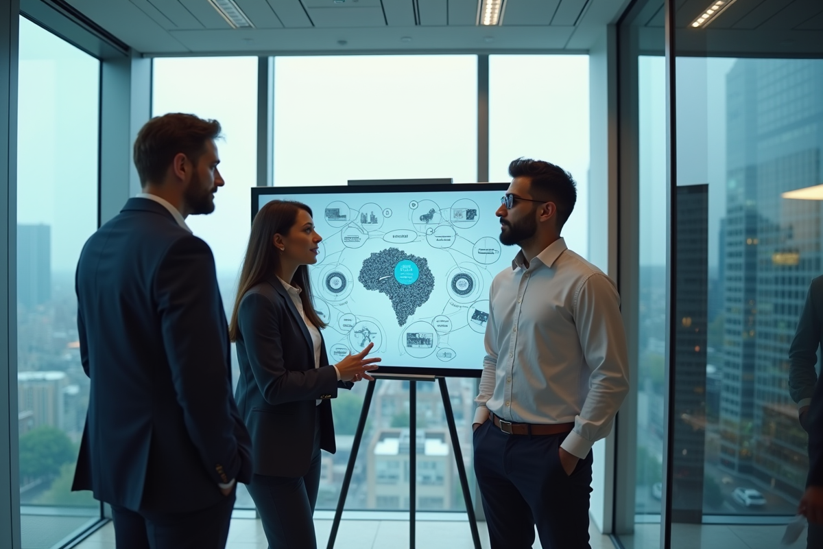 Groupe de professionnels discutant devant un tableau interactif en salle de réunion