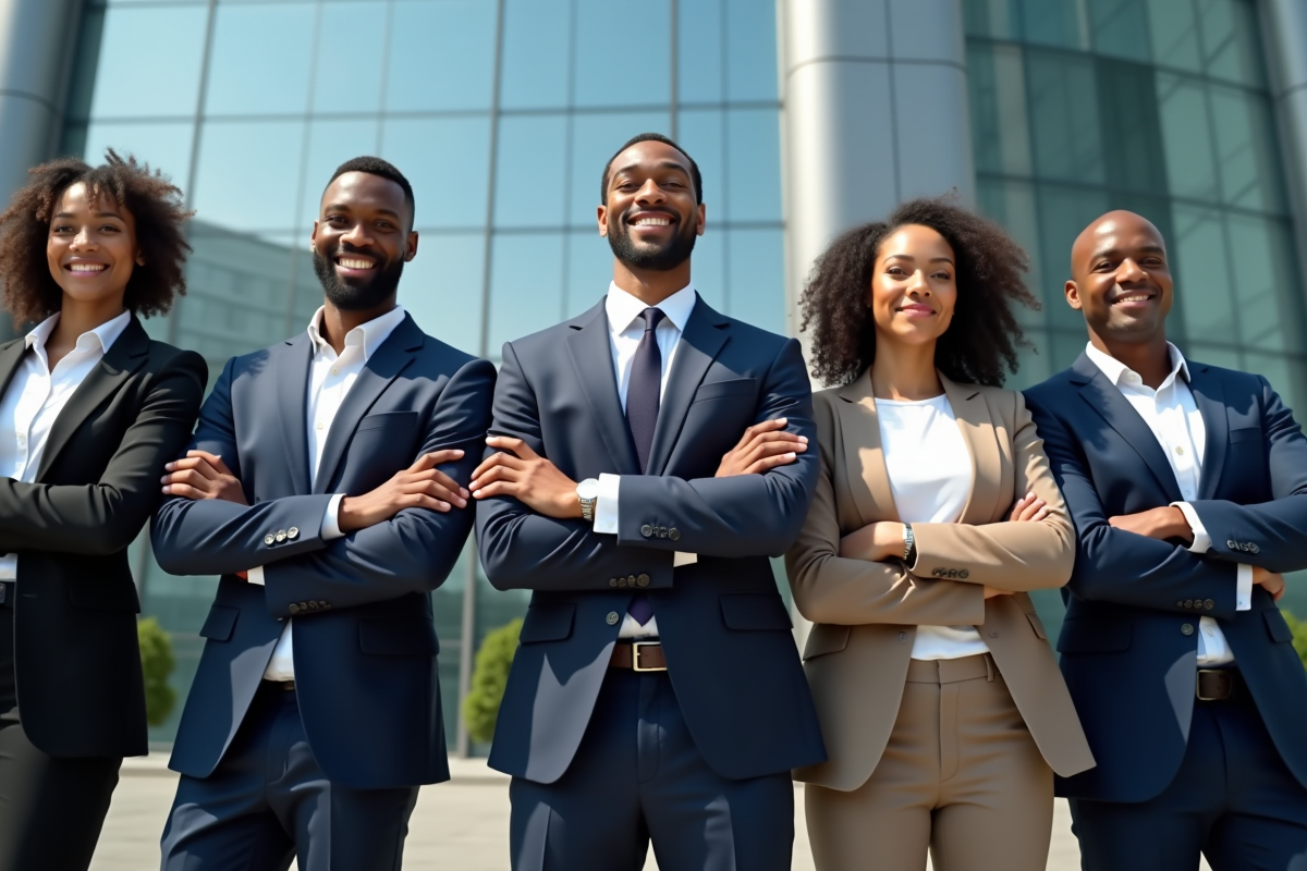Equipe multiculturelle devant un bâtiment d