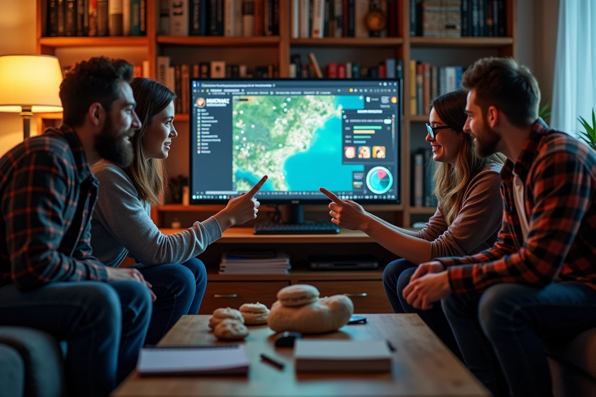 Groupe d'amis jouant ensemble en équipe sur un MMORPG avec carte de guilde et interface de personnages affichées à l'écran