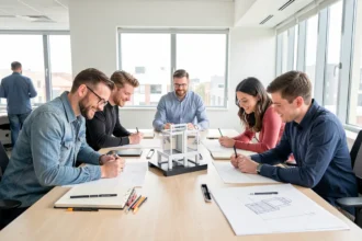 Équipe réunie autour d'un prototype dans un espace de travail lumineux
