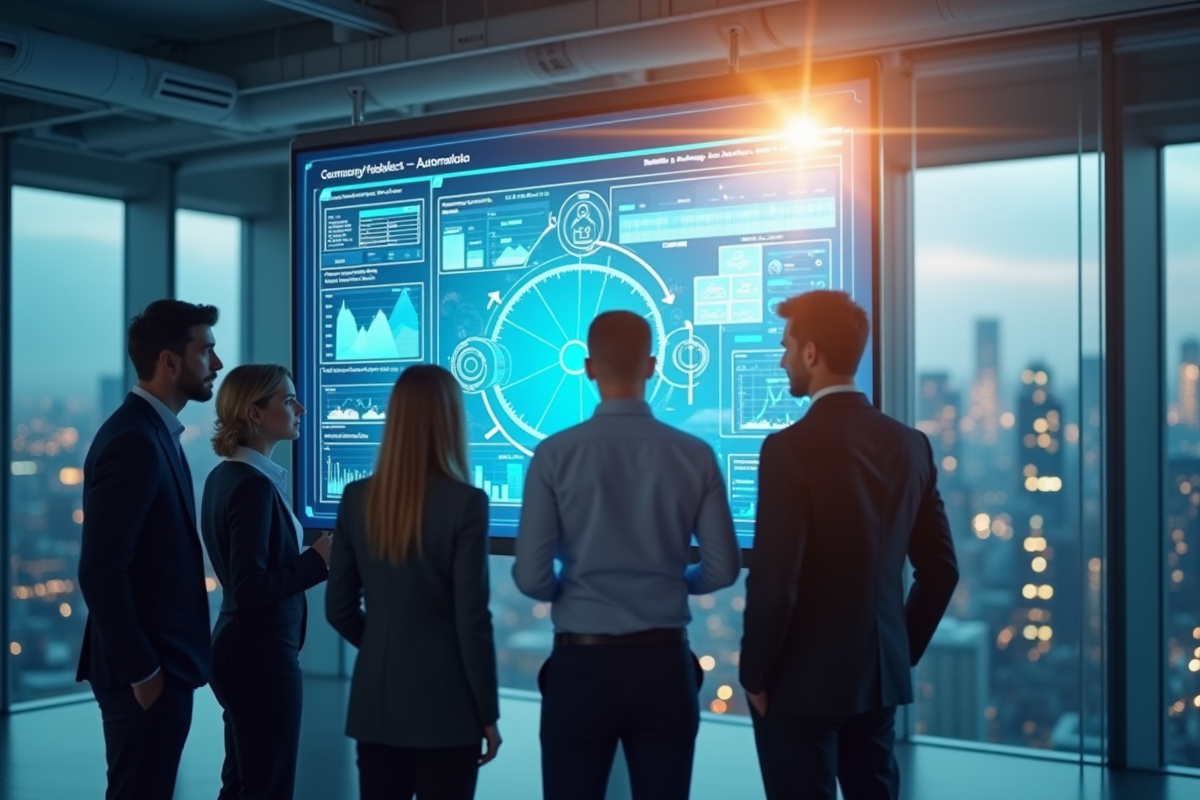 Employes de bureau analysant des diagrammes numériques