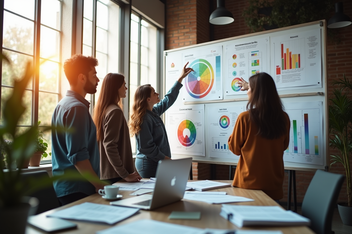 Groupe de designers collaborant dans un bureau moderne avec tableau