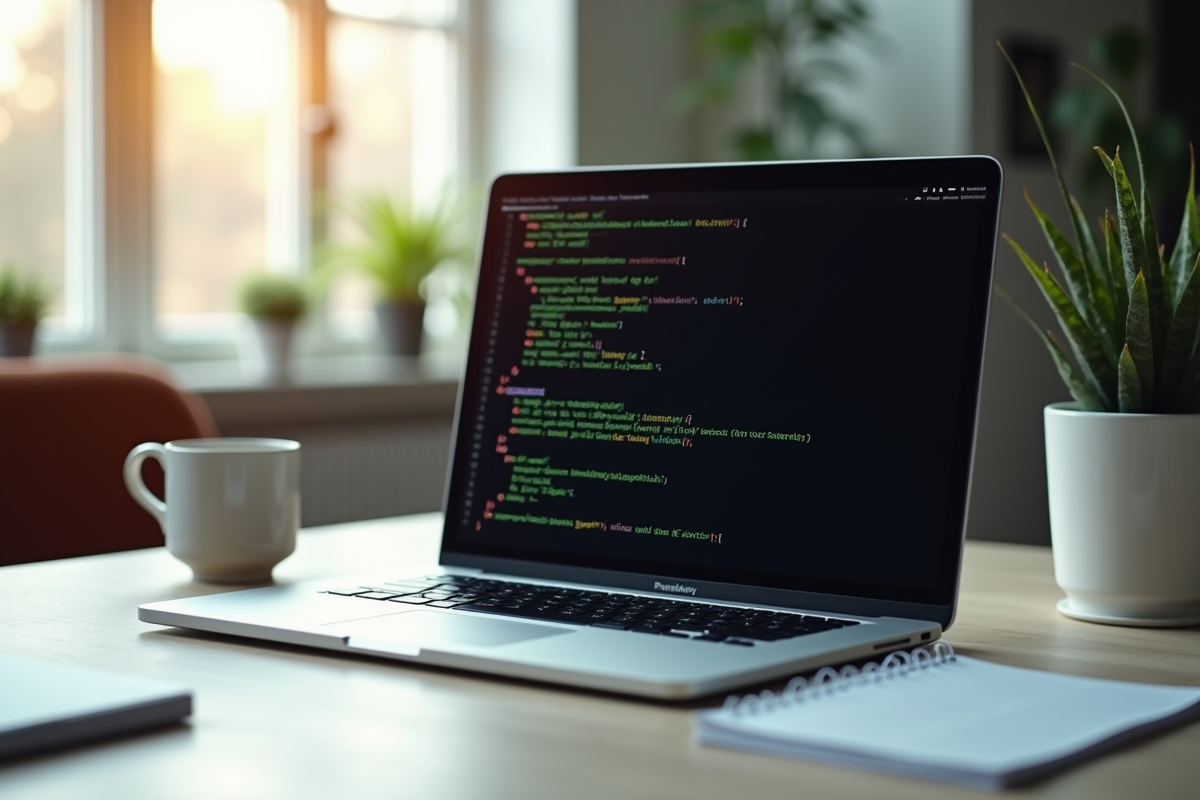Espace de travail moderne avec ordinateur portable et notes de code