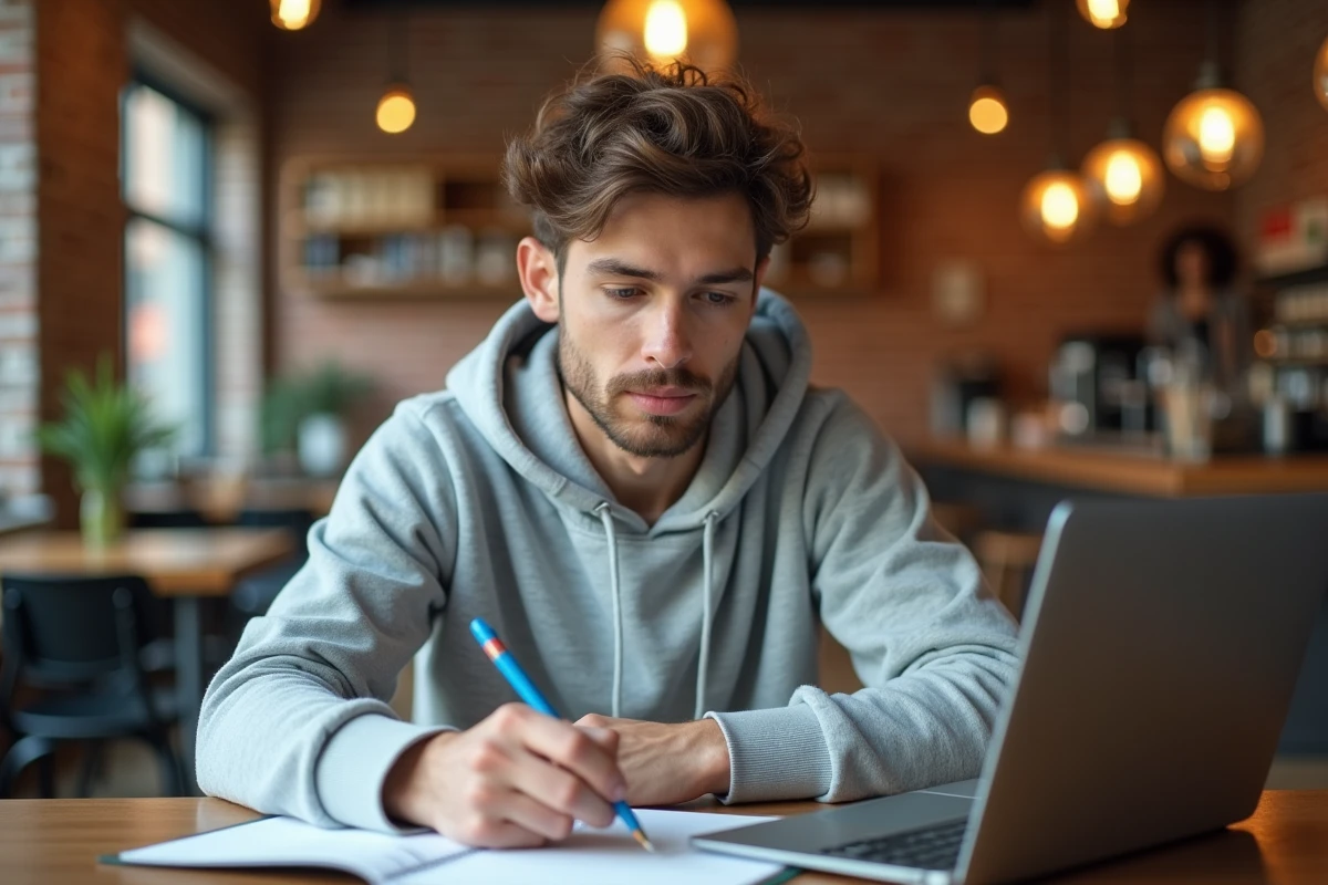 Étudiant utilisant un stylo 4 couleurs effaçable dans un café pour organiser ses révisions