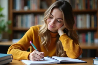 Étudiante prenant des notes avec un stylo 4 couleurs effaçable dans une salle d'étude universitaire