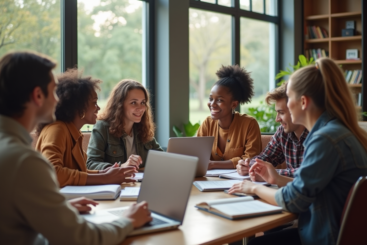 Groupe d'étudiants à la bibliothèque discutant de finances