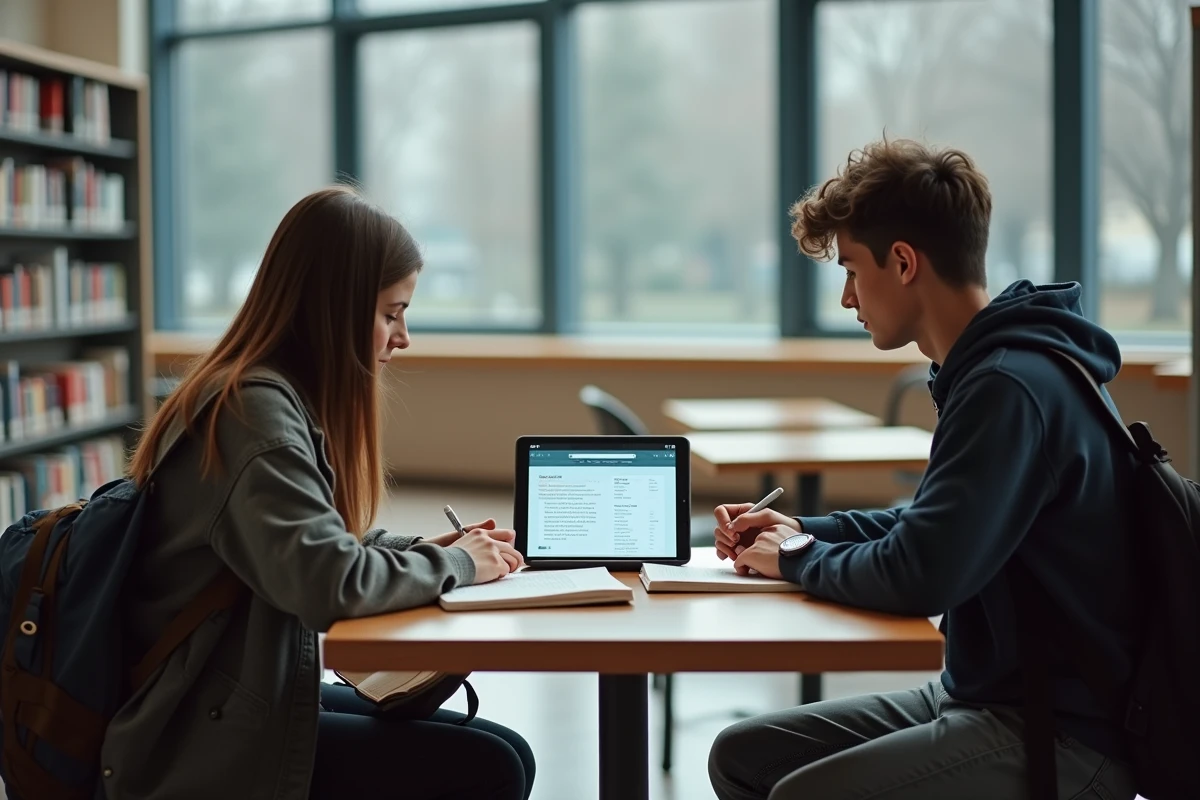 Étudiants comparant une liste de lecture en ligne avec leurs ressources scolaires à la bibliothèque