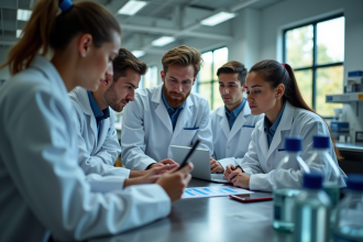 Groupe d'étudiants en laboratoire analysant des données