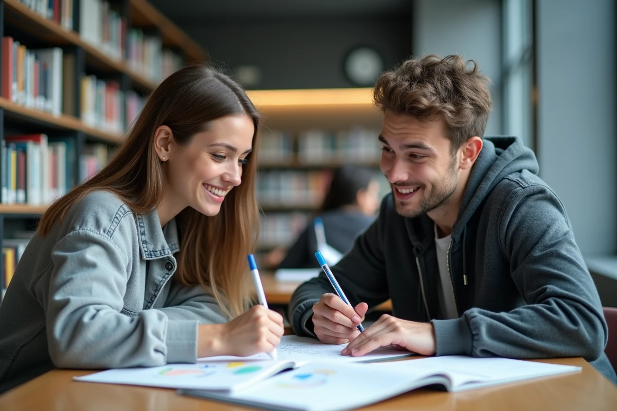 Deux étudiants révisant ensemble avec un stylo 4 couleurs effaçable à la bibliothèque universitaire