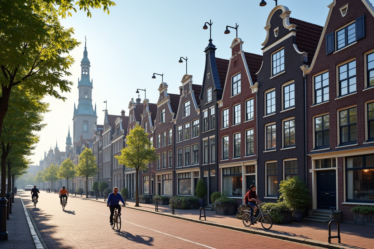 Rue avec maisons anciennes et crochets de toit à Amsterdam