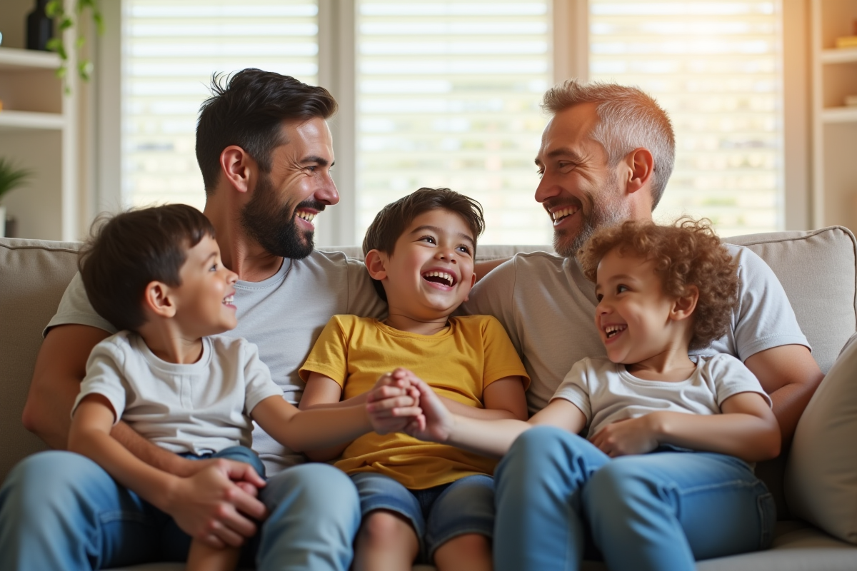 Famille adoptee souriante dans un salon lumineux