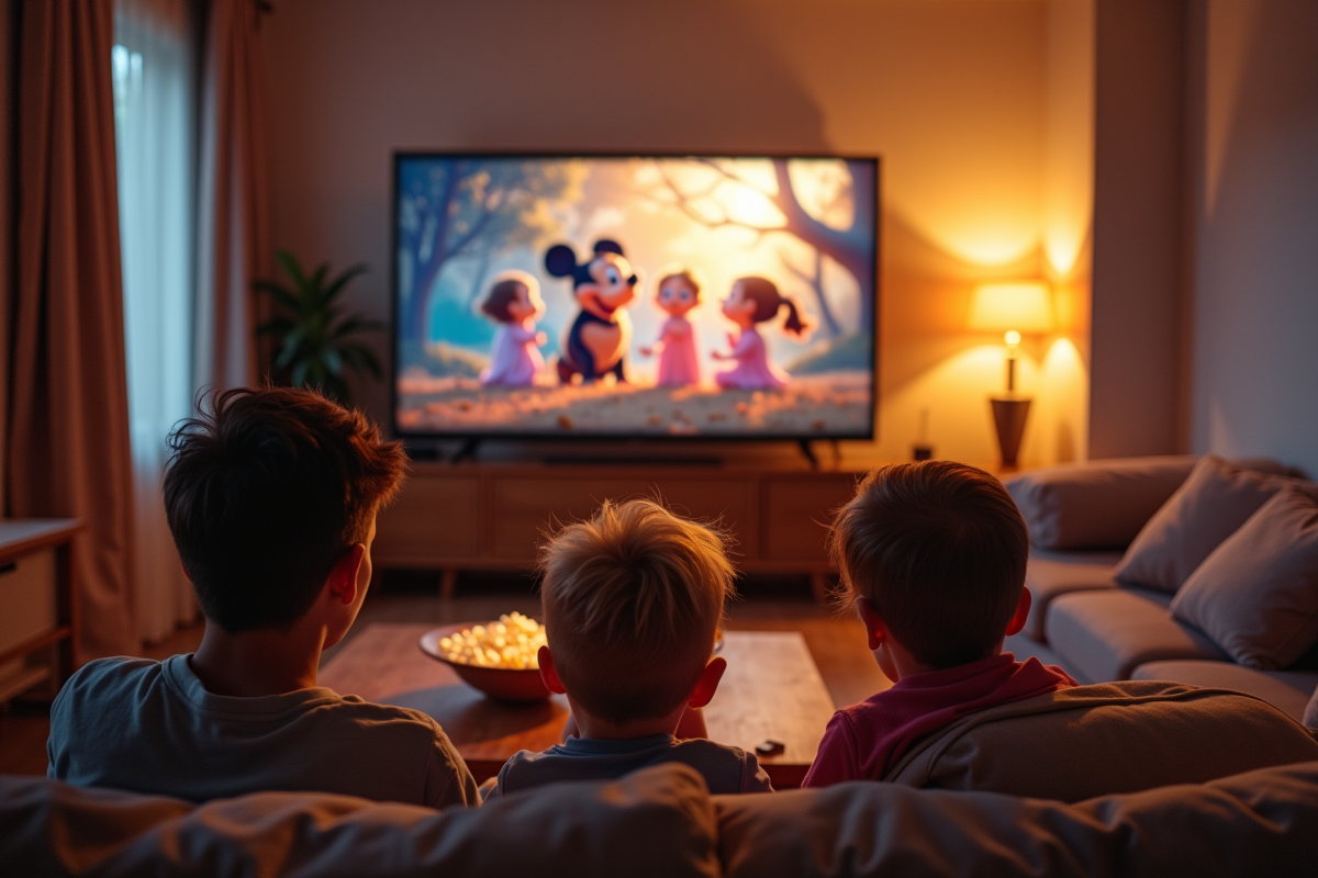 Famille regardant un film Disney sur la télé à la maison
