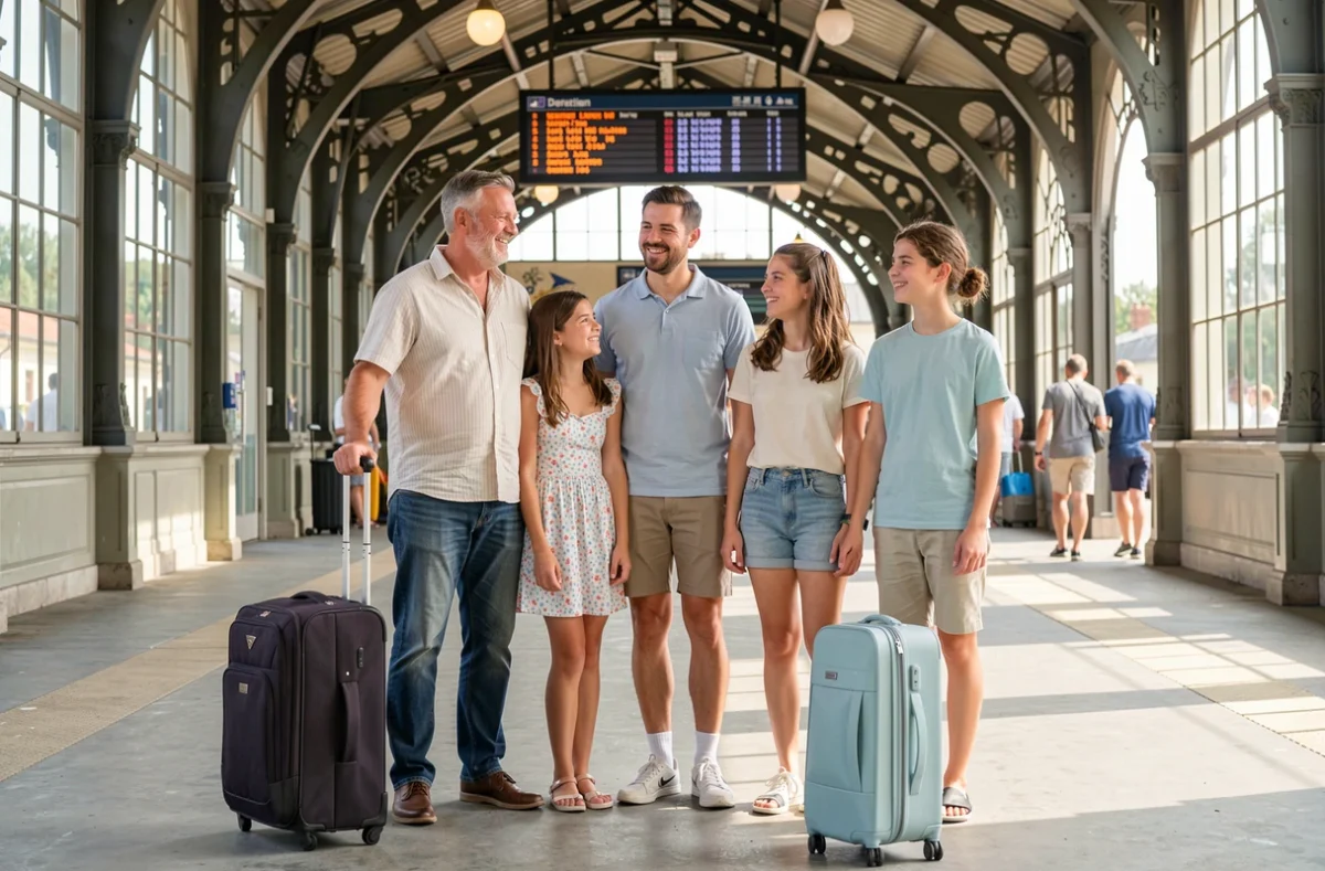Famille souriante sur le quai d'une gare avec des valises, prête à partir en vacances, image illustrant l'expression bonnes vacances