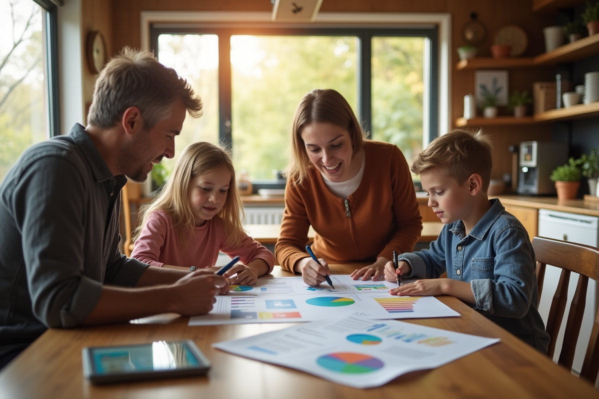 Famille analysant un rapport d