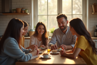 Famille recomposée autour d'une table en matinée avec émotions variées