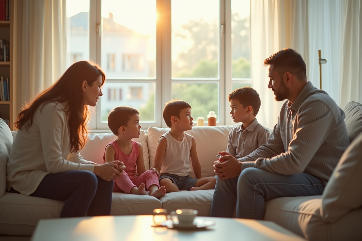 Famille dans un salon lumineux montrant une tension subtile