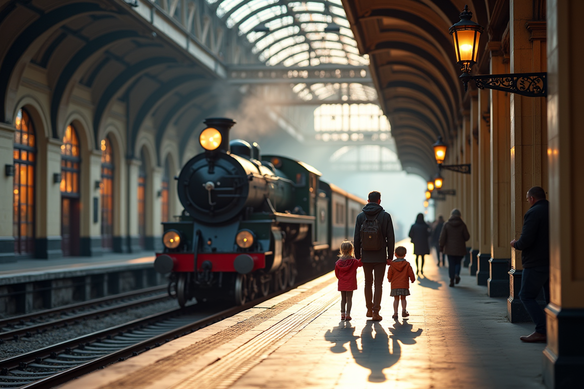 Famille explorant une vieille gare européenne avec train à vapeur