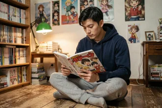 Jeune fan de manga lisant un tome de One Piece dans sa chambre entourée de volumes collectors