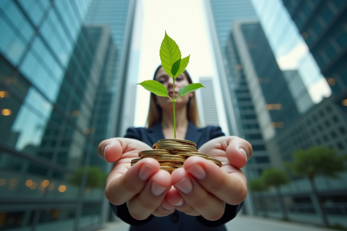 Femme d'affaires tenant un jeune arbre sur des pièces de monnaie