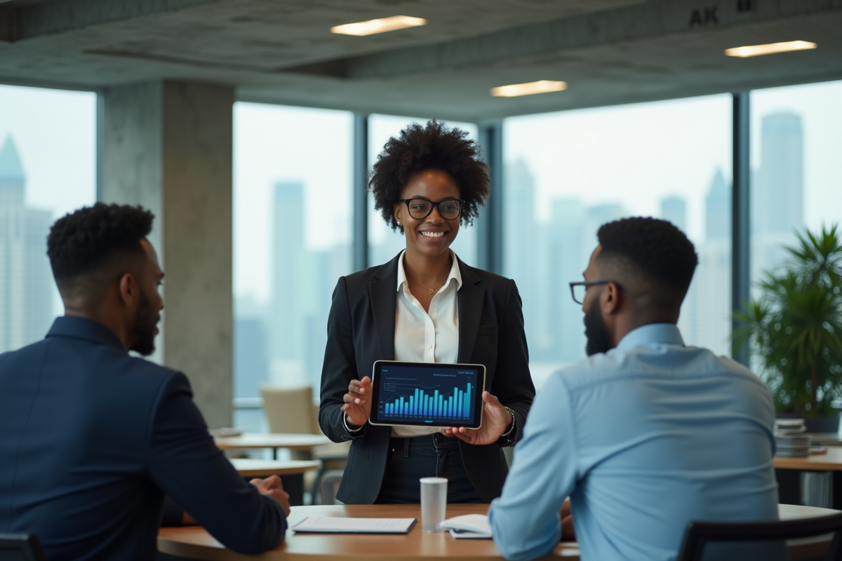 Femme africaine présentant un graphique sur tablette