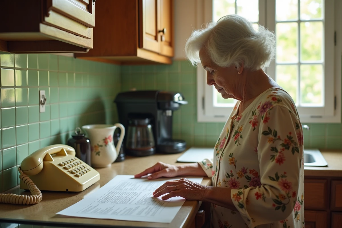 Femme âgée lisant une notice imprimée pour composer le bon numéro du répondeur Free sur son téléphone fixe dans une cuisine