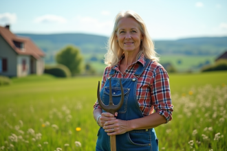 Femme agricultrice en tenue de travail dans un champ verdoyant
