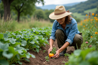 Femme agricultrice examinant des légumes dans un jardin polyculture