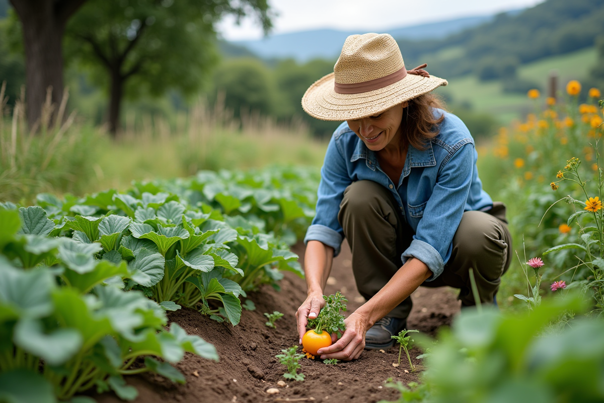 Femme agricultrice examinant des légumes dans un jardin polyculture