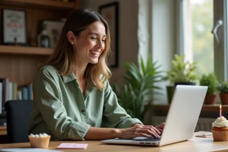 Femme souriante découvrant des célébrités nées le même jour qu'elle sur son ordinateur portable