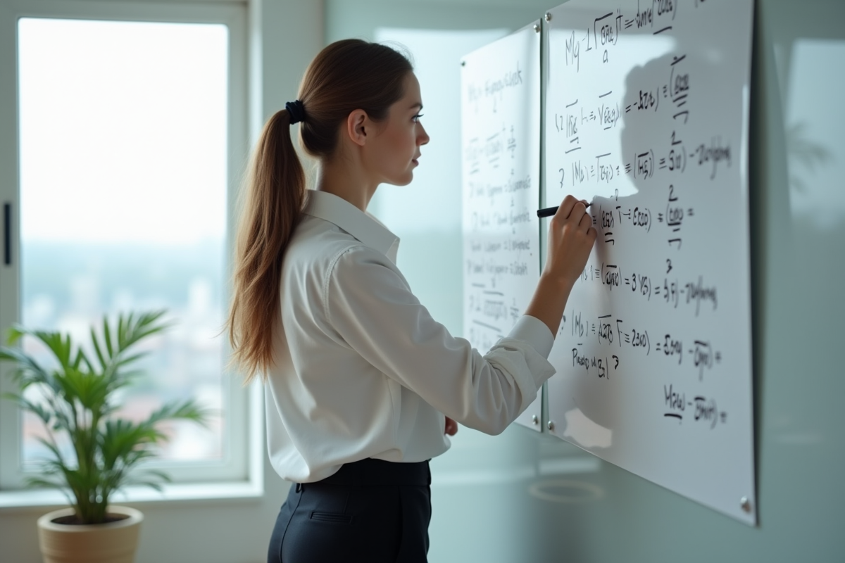 Jeune femme dessinant sur un tableau blanc architectural