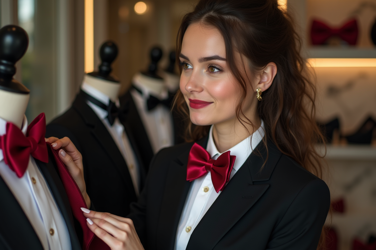 Femme choisissant un nœud papillon en soie dans une boutique moderne