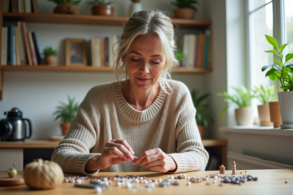 Femme créant des bijoux faits main dans sa cuisine lumineuse