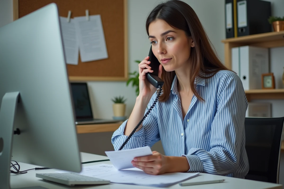 Femme en télétravail composant le numéro du répondeur Free sur un téléphone sans fil depuis son bureau à domicile