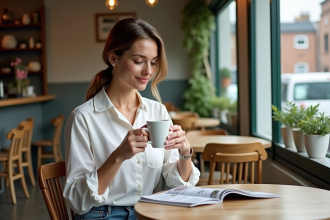 Femme lisant un magazine écologique dans un café moderne