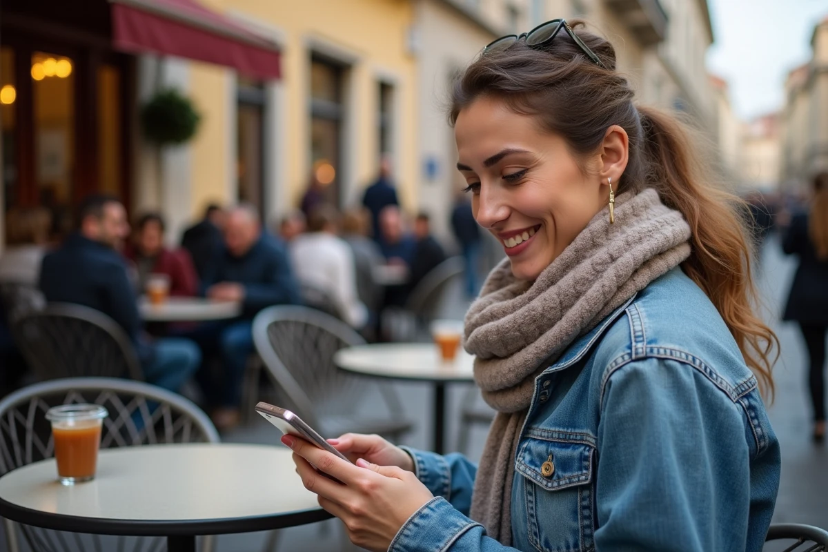 Femme souriante avec smartphone dans un café lyonnais