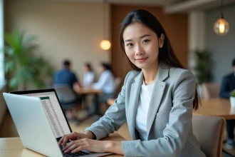 Femme en blazer gris travaillant sur un tableur Excel avec des calculs de durée entre deux dates dans un bureau moderne
