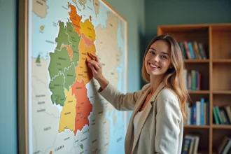 Femme pointant une carte murale des Länder allemands dans un espace éducatif moderne