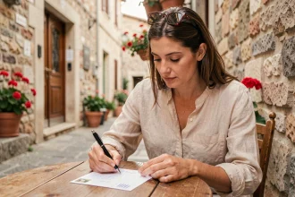 Femme écrivant une carte postale de vacances dans un café en plein air, illustrant l'orthographe de bonnes vacances