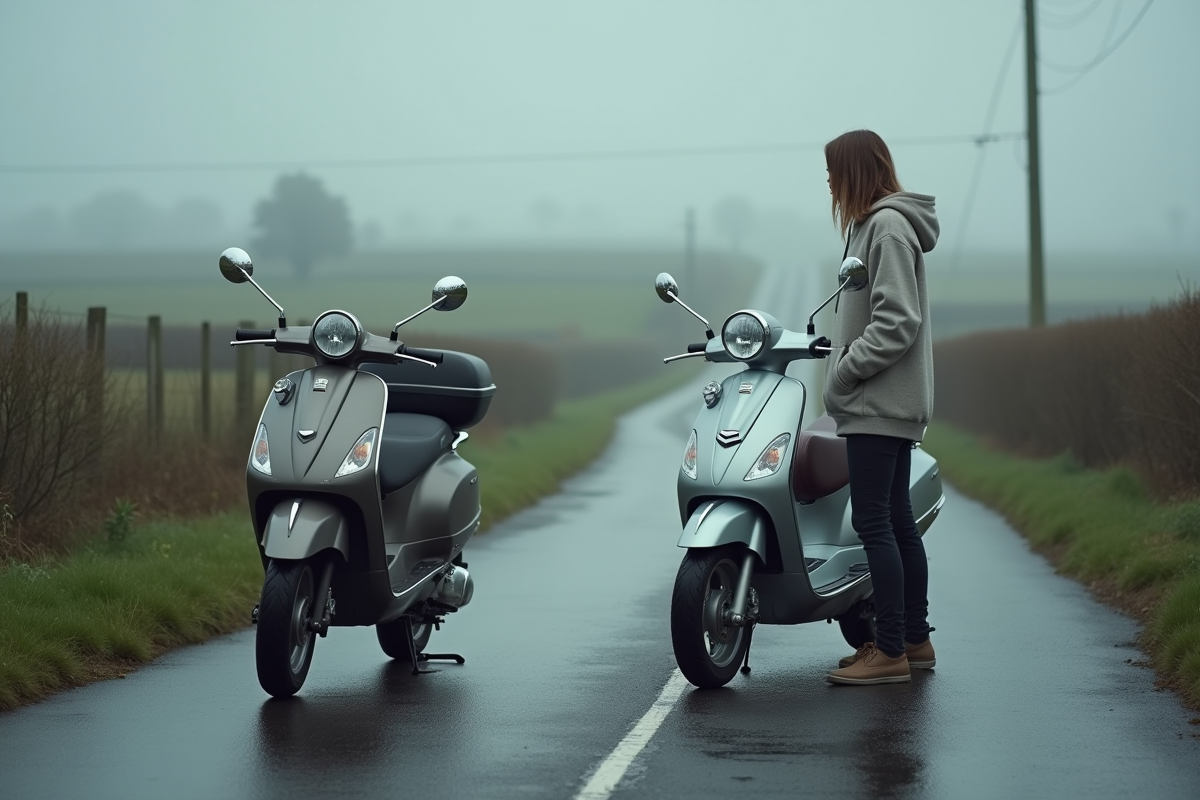 Femme examine deux scooters 50cc en campagne