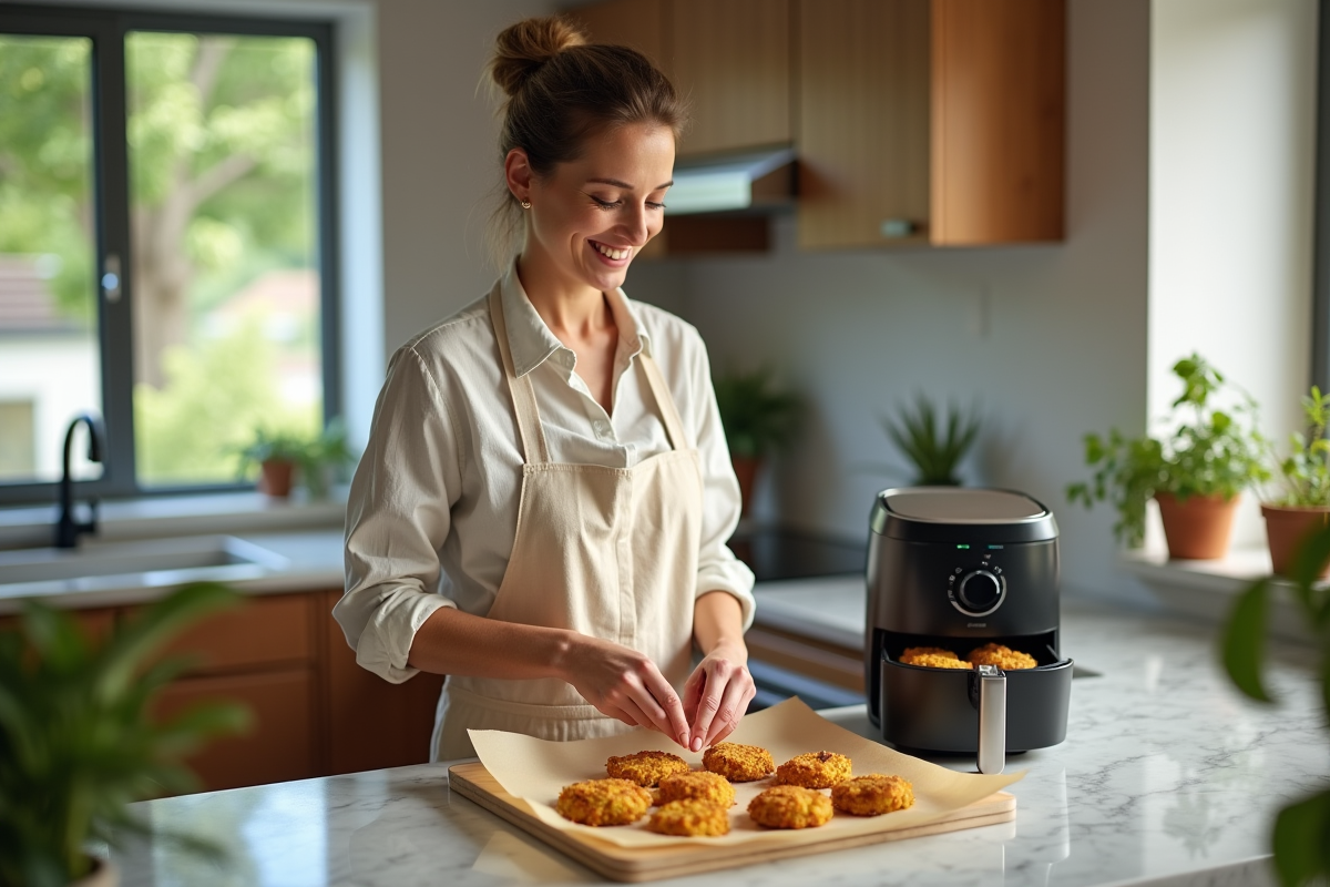 Femme préparant des beignets de courgette dans sa cuisine moderne