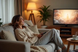 Femme détendue sur son canapé regardant la télévision l'après-midi avec un plaid et une tasse de thé