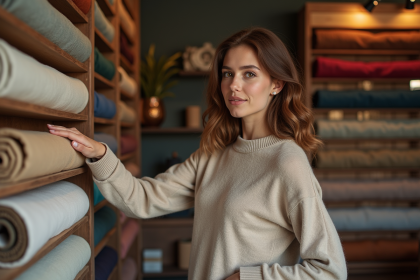 Femme dans une boutique de tissus avec échantillons de coton et laine