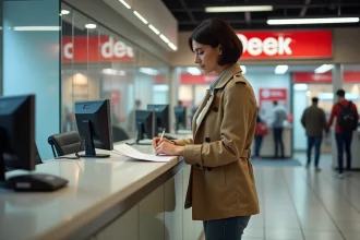 Femme remplissant formulaire d'expedition dans un bureau de poste