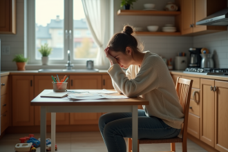 Femme fatiguée assise à la cuisine avec papiers et dessin