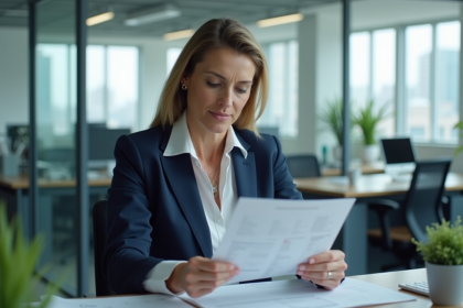 Femme d'affaires analysant un rapport financier au bureau