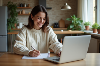 Femme souriante consulte ses finances à la maison